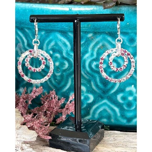 Silver Pink & Iridescent Swarovski Crystals Dangle Earrings - Picture 1 of 6